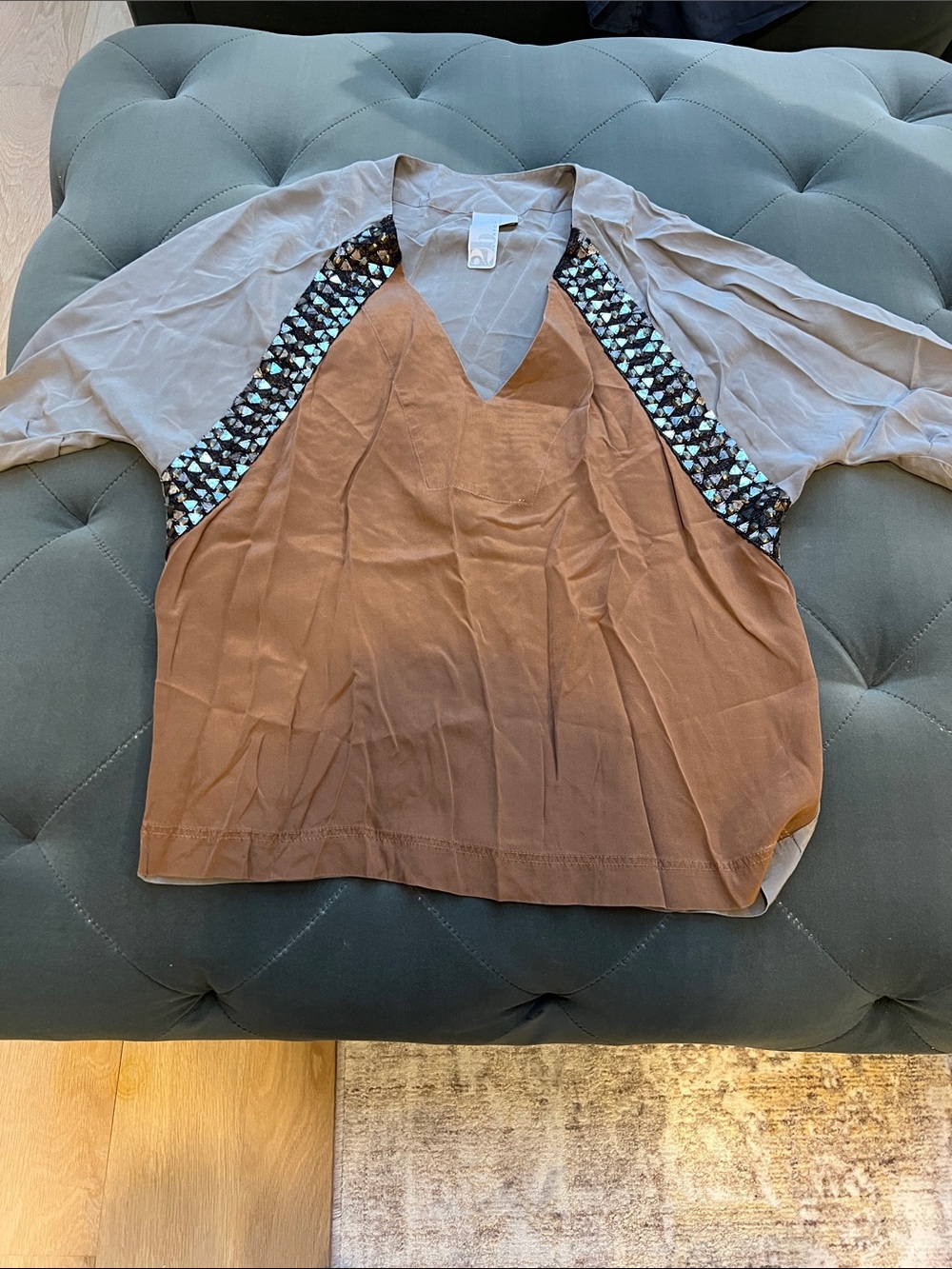 2B.Rych Two-Tone Brown and Taupe V-Neck Top with Sequin Trim